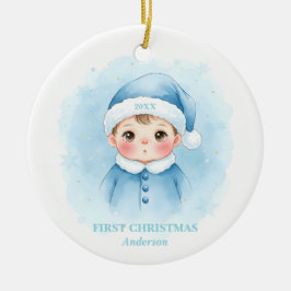 Adorno De Cerámica Primera Navidad Niño Azul Santa Foto