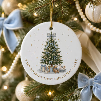 Adorno De Cerámica Primera Navidad Niño Personalizado con Lazo Azul