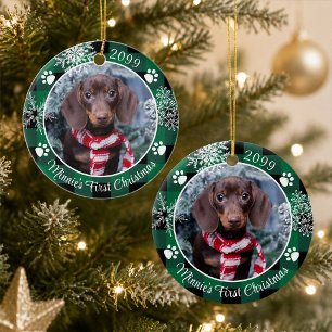 Adorno De Cerámica Primera Navidad Perro Copo de Nieve Foto Plaid Ver