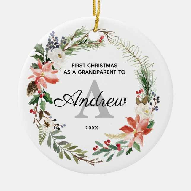 Adorno De Cerámica Primera Navidad personalizada como abuelo (Frente)