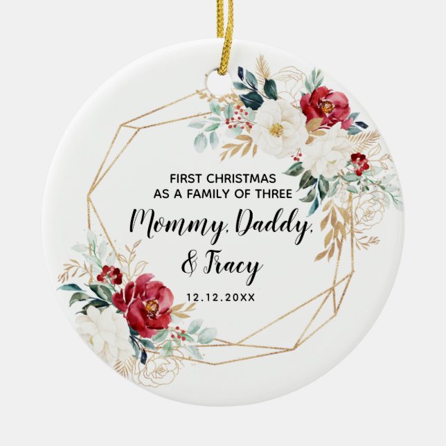 Adorno De Cerámica Primera Navidad personalizada como familia de tres (Frente)