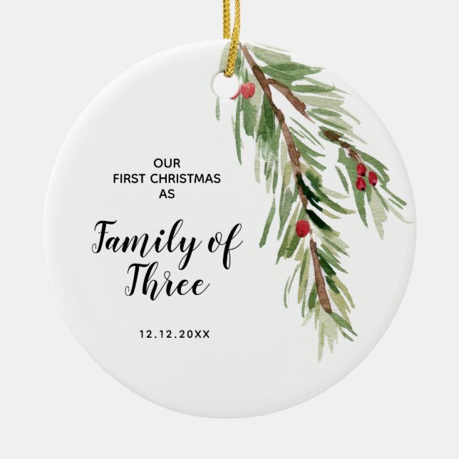Adorno De Cerámica Primera Navidad personalizada como familia de tres (Frente)