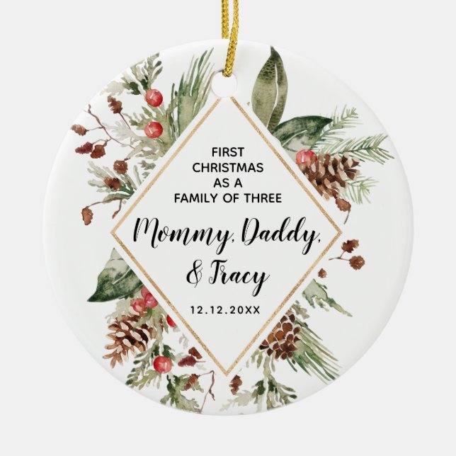 Adorno De Cerámica Primera Navidad personalizada como familia de tres (Frente)