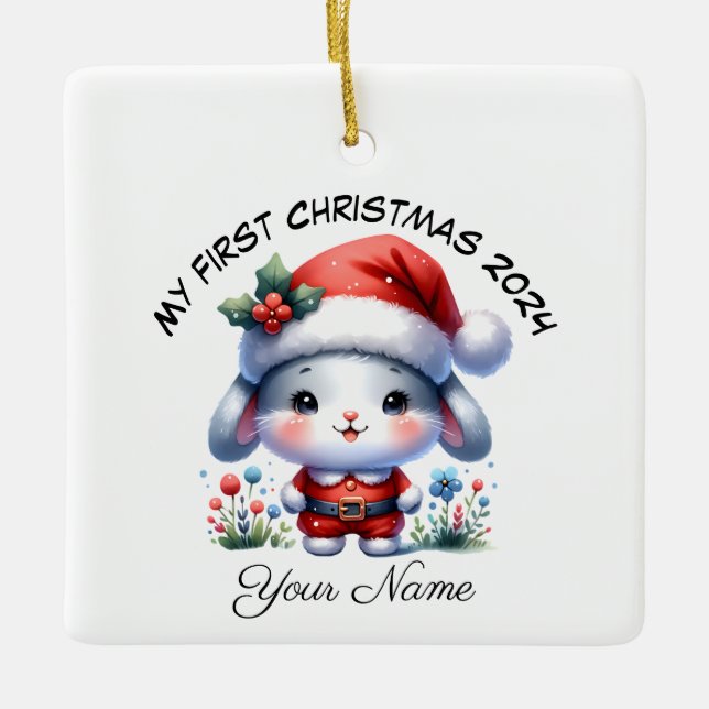 Adorno De Cerámica Primera Navidad personalizada de Santa Bunny (Anverso)