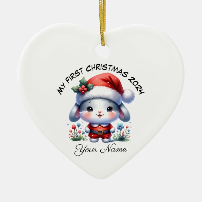 Adorno De Cerámica Primera Navidad personalizada de Santa Bunny (Frente)