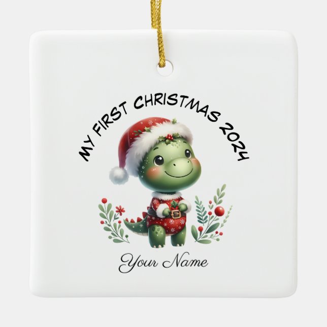 Adorno De Cerámica Primera Navidad personalizada de Santa Dinosauria (Anverso)