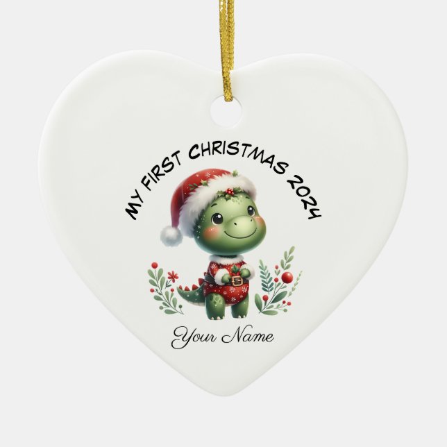 Adorno De Cerámica Primera Navidad personalizada de Santa Dinosauria (Frente)
