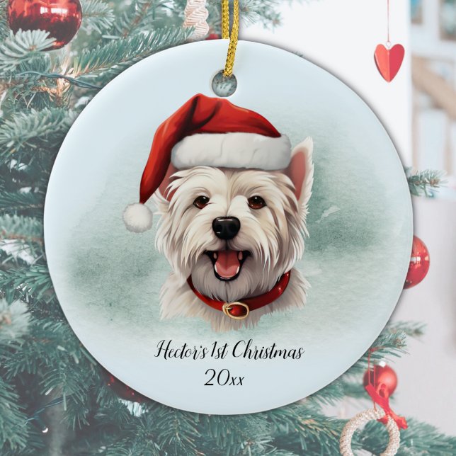 Adorno De Cerámica Primera Navidad personalizada de West Highland Ter (Personalize with Dog's name and year, or add different text, or delete if not required.)