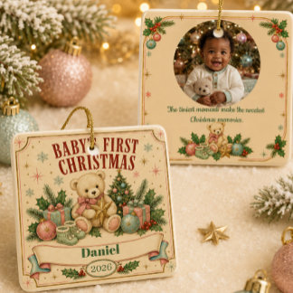 Adorno De Cerámica Primera Navidad Personalizada del Bebé 2026 Retro