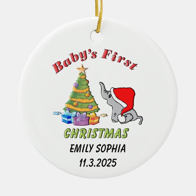 Adorno De Cerámica Primera Navidad personalizada del bebé con elefant (Frente)