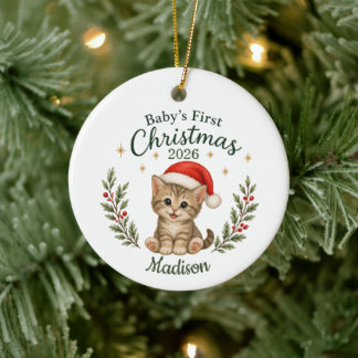 Adorno De Cerámica Primera Navidad Personalizada del Bebé "Gato"