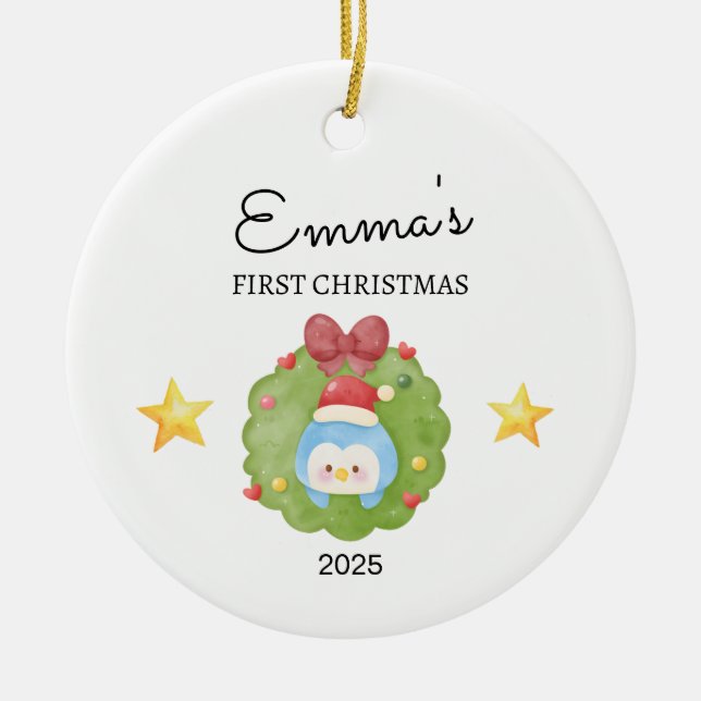 Adorno De Cerámica Primera Navidad personalizada del bebé, regalo pin (Frente)