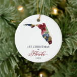 Adorno De Cerámica Primera Navidad Personalizada En El Estado De Flor<br><div class="desc">Primera Navidad Personalizada En El Ornamento Cerámico Estatal De Florida. Personalice la información de su personalizado en la parte frontal y posterior.</div>