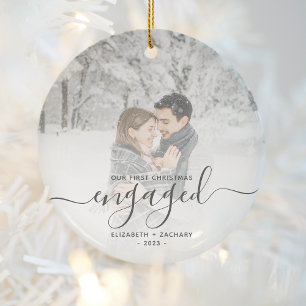 Adorno De Cerámica Primera Navidad prometida Foto personalizada gris