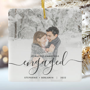 Adorno De Cerámica Primera Navidad prometida Foto personalizada gris