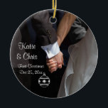 Adorno De Cerámica Primera Navidad romántica y elegante<br><div class="desc">Un romántico y elegante adorno de boda conmemorando tu primera navidad juntos como pareja casada. Fotografía de una pareja tomándose de la mano. La imagen se centra en las manos de las parejas amadas, mientras llevan su elegante atuendo boda. Ella en su vestido boda y él en su tux. La...</div>