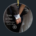 Adorno De Cerámica Primera Navidad romántica y elegante<br><div class="desc">Un romántico y elegante adorno de boda conmemorando tu primera navidad juntos como pareja casada. Fotografía de una pareja tomándose de la mano. La imagen se centra en las manos de las parejas amadas, mientras llevan su elegante atuendo boda. Ella en su vestido boda y él en su tux. La...</div>
