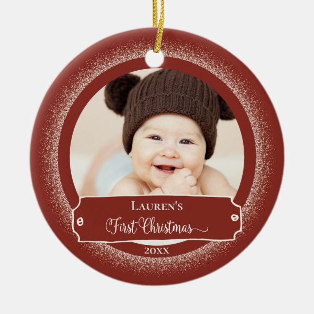 Adorno De Cerámica Primera Navidad Rustic Red Cute Baby Photo (Frente)