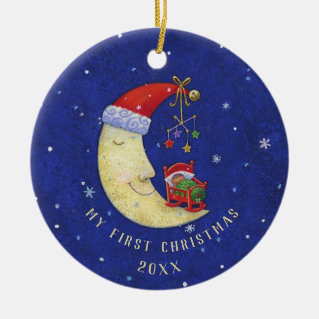 Adorno De Cerámica Primera Navidad Santa Moon con nombre de monograma (Frente)