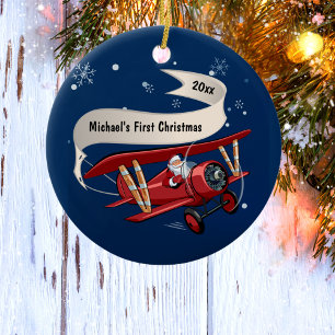 Adorno De Cerámica Primera Navidad Santa Volando Avión Personalizado