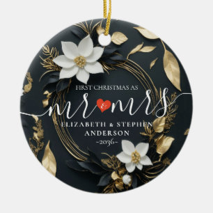 Adorno De Cerámica Primera Navidad Señora Señor Boda Corona Floral Bl