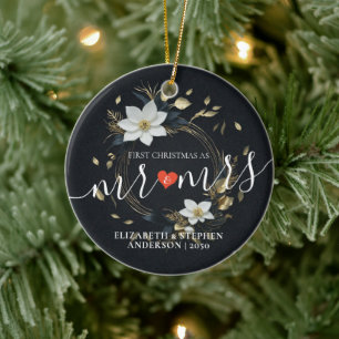 Adorno De Cerámica Primera Navidad Señora Señor Boda Corona Floral Bl