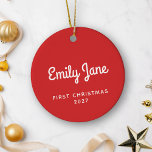 Adorno De Cerámica Primera Navidad Simple Cute Rojo Nombre Personaliz<br><div class="desc">Celebra un hito especial con este adorno de la Primera Navidad, con un diseño simple y lindo en rojo festivo. Personalizado con un nombre, este adorno de cerámica es el recuerdo perfecto para conmemorar juntos la primera Navidad de un bebé o la fiesta de una pareja recién casada. Su encanto...</div>