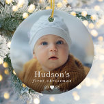 Adorno De Cerámica Primera Navidad simple foto de bebé<br><div class="desc">Simple My First Christmas Baby Photo Ceramic Ornament es un elegante y moderno ornamento navideño con el nombre del bebé que aparece en la tipografía clásica en blanco sobre tu fotografía de tamaño completo.</div>