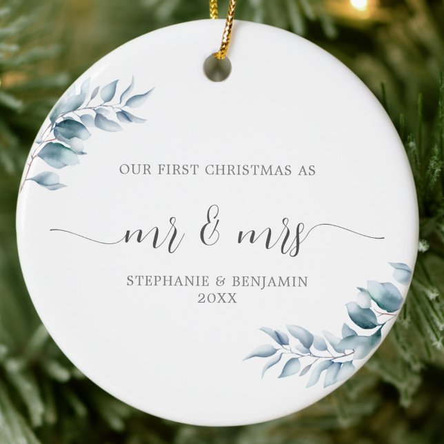 Adorno De Cerámica Primera Navidad Sr. Sra. Botanical Ice Blue Elegan (our first christmas mr mrs newlywed couple photo ornament winter wreath greenery elegant minimalist)