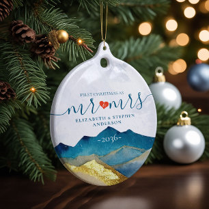 Adorno De Cerámica Primera Navidad Sr. Sra. Watercolor Mountain Boda