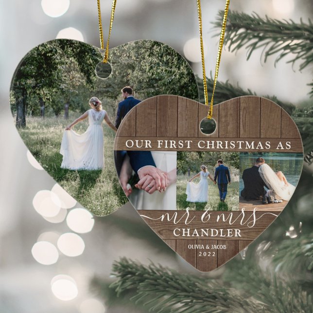 Adorno De Cerámica Primera Navidad Sr. y Sra. 4 Foto Rustic Faux Wood (Subido por el creador)