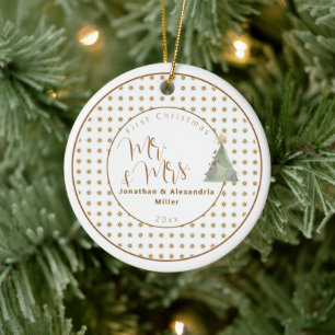 Adorno De Cerámica Primera Navidad Sr. y Sra. Árbol acuarela