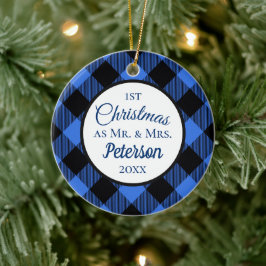 Adorno De Cerámica Primera Navidad Sr. y Sra. Buffalo Blue Plaid