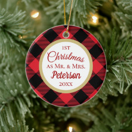 Adorno De Cerámica Primera Navidad Sr. y Sra. Buffalo Plaid