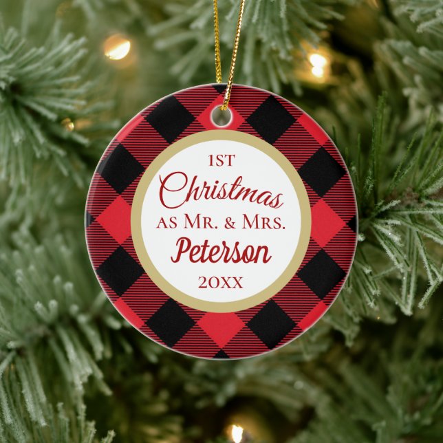 Adorno De Cerámica Primera Navidad Sr. y Sra. Buffalo Plaid (Árbol)