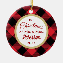 Adorno De Cerámica Primera Navidad Sr. y Sra. Buffalo Plaid