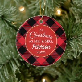Adorno De Cerámica Primera Navidad Sr. y Sra. Buffalo Plaid