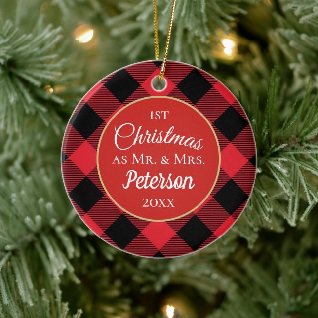 Adorno De Cerámica Primera Navidad Sr. y Sra. Buffalo Plaid (Árbol)