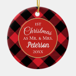 Adorno De Cerámica Primera Navidad Sr. y Sra. Buffalo Plaid