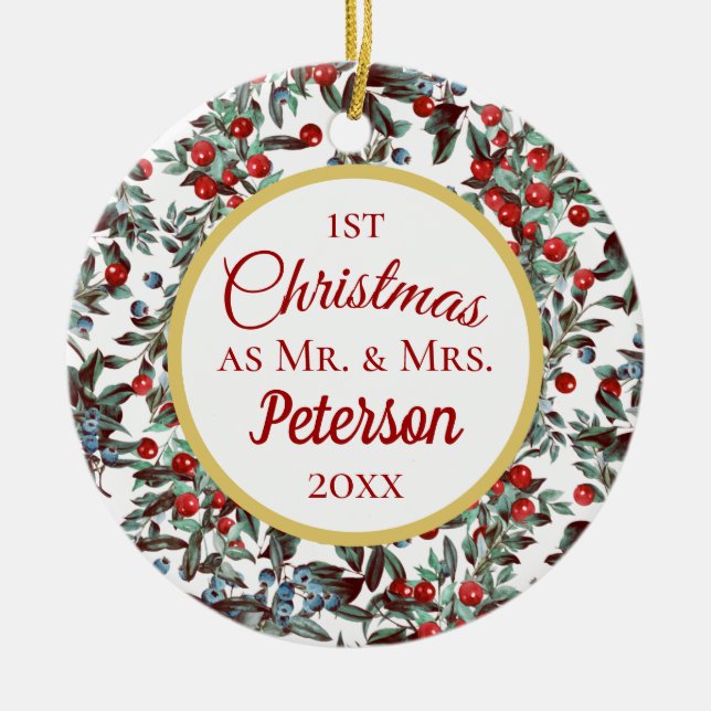 Adorno De Cerámica Primera Navidad Sr. y Sra. Red Blue Berries Cerami (Frente)