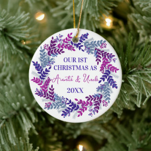 Adorno De Cerámica Primera Navidad, tía y tío morado