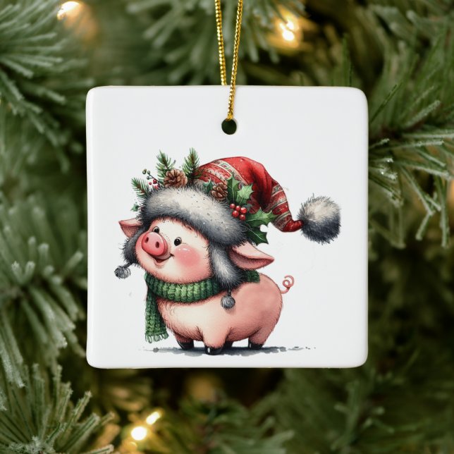 Adorno De Cerámica Primera Navidad Whimsical Cute Pig Personalizado (Árbol)