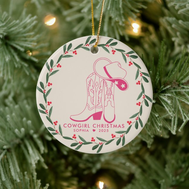 Adorno De Cerámica Primera niña Navidad Bota de vaquero rosa (Árbol)