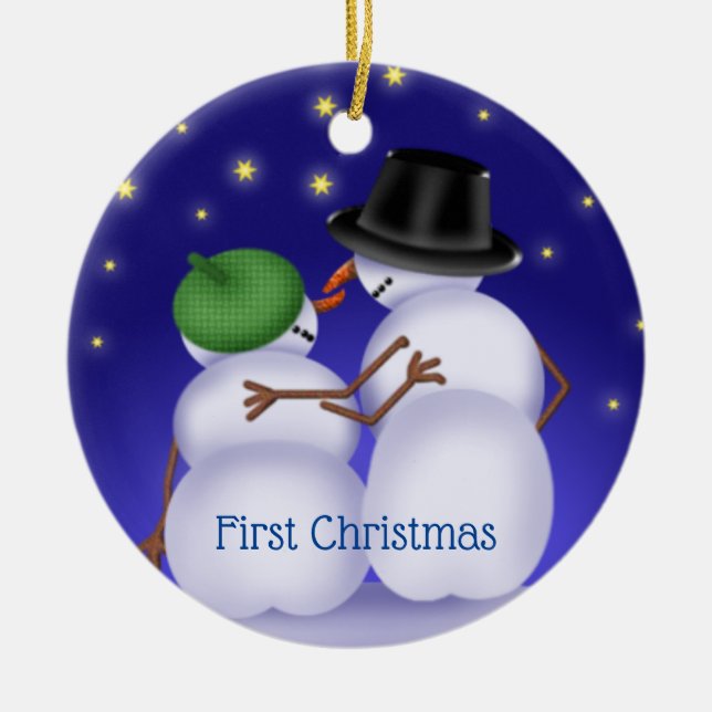 Adorno De Cerámica Primera pareja de nieve navideña personalizada (Frente)