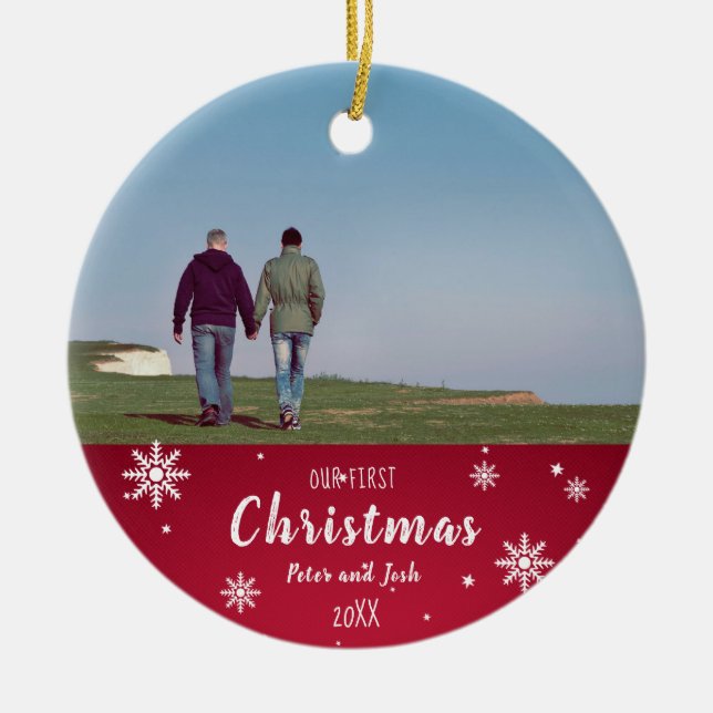 Adorno De Cerámica Primera pareja gay de Navidad (Frente)