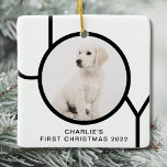 Adorno De Cerámica Primera Personalizado de navidad alegre y cachorro<br><div class="desc">El primer ornamento de fotos de Navidad de este perro de cachorro está decorado con la palabra JOY en blanco y negro. Fácil personalizable con la foto,  nombre y año de tu mascota.</div>