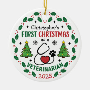 Adorno De Cerámica Primera ronda personalizada de Navidad veterinaria