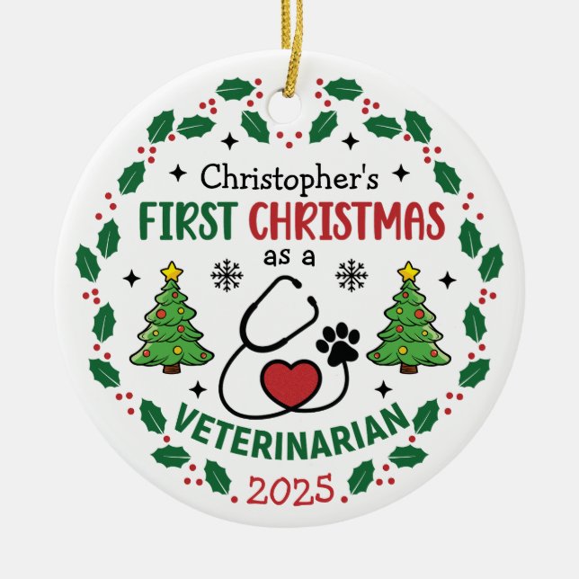 Adorno De Cerámica Primera ronda personalizada de Navidad veterinaria (Frente)