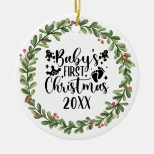 Adorno De Cerámica Primera Wreath acuarela de Navidades del bebé