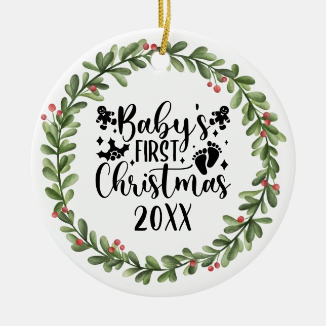 Adorno De Cerámica Primera Wreath acuarela de Navidades del bebé (Frente)